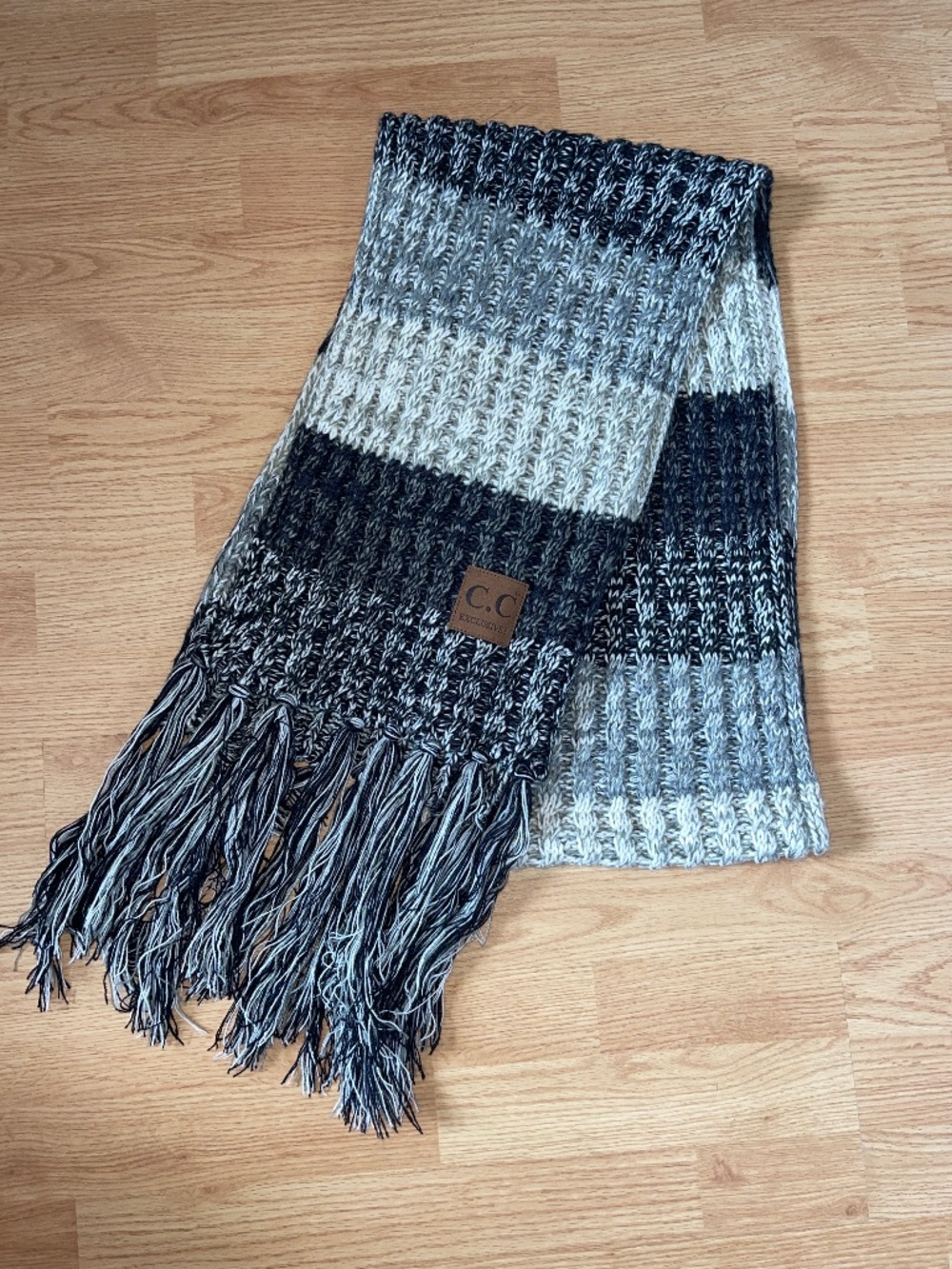 C.C Black Gray & White Knit 82” Cozy Winter Scarf w/ Tassels